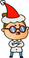 hand drawn textured cartoon of a annoyed woman wearing santa hat png