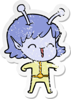 distressed sticker of a cartoon alien girl laughing png