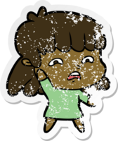 distressed sticker of a cartoon worried woman png