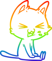 rainbow gradient line drawing of a cartoon sitting cat hissing png