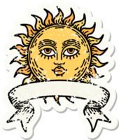 versleten oud sticker met banier van een zon met gezicht png