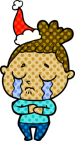 hand drawn comic book style illustration of a crying woman wearing santa hat png