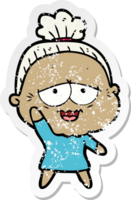 distressed sticker of a cartoon happy old lady png