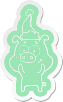 happy quirky cartoon  sticker of a pig wearing santa hat png