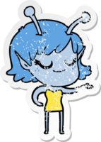 distressed sticker of a smiling alien girl cartoon png