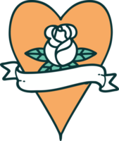 imagem de estilo de tatuagem icônica de uma rosa de coração e banner png