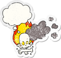 cartoon spooky burning bones with thought bubble as a distressed worn sticker png