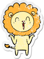 distressed sticker of a laughing lion cartoon shrugging shoulders png