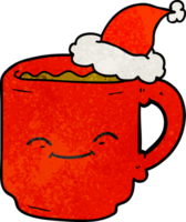 main tiré texturé dessin animé de une café agresser portant Père Noël chapeau png