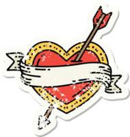 distressed sticker tattoo in traditional style of an arrow heart and banner png