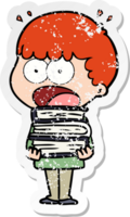distressed sticker of a cartoon shocked boy with stack of books png