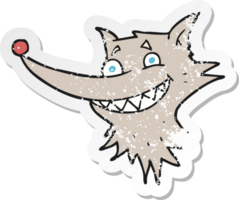 retro distressed sticker of a cartoon grinning wolf face png