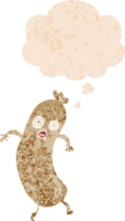 dessin animé saucisse avec pensée bulle dans grunge affligé rétro texturé style png