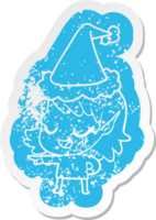 happy quirky cartoon distressed sticker of a elf girl pointing wearing santa hat png