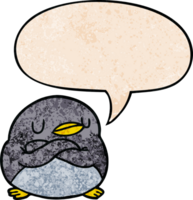 cartoon penguin with crossed arms with speech bubble in retro texture style png