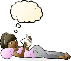 cartoon pretty woman reading book with thought bubble png