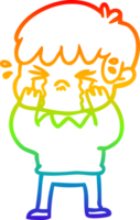 rainbow gradient line drawing of a cartoon boy crying png
