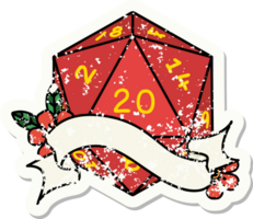 grunge sticker of a natural twenty D20 dice roll png