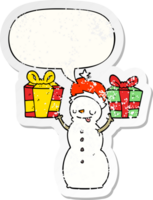 cartoon snowman with present with speech bubble distressed distressed old sticker png