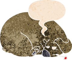 cartoon bear with a sore head with speech bubble in grunge distressed retro textured style png