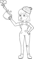 hand drawn black and white cartoon female worker with coffee mug png