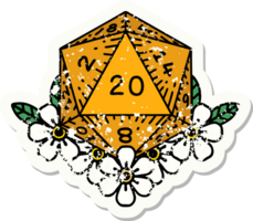 grunge sticker of a natural 20 D20 dice roll with floral elements png