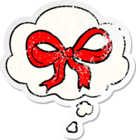 cartoon decorative bow with thought bubble as a distressed worn sticker png