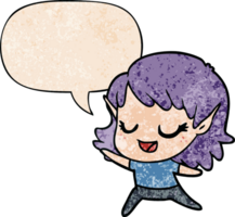 carton happy elf girl dancing with speech bubble in retro texture style png