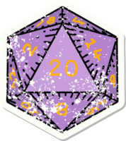 grunge sticker of a natural 20 D20 dice roll png