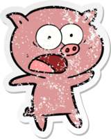 distressed sticker of a cartoon pig shouting png