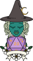 Retro Tattoo Style half orc witch character with natural 20 dice roll png