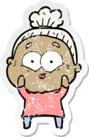 distressed sticker of a cartoon happy old woman png