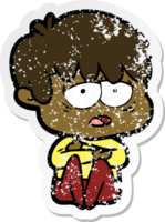 distressed sticker of a cartoon exhausted boy png