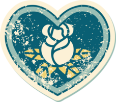 iconic distressed sticker tattoo style image of a heart and flowers png