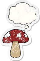 cartoon mushroom with thought bubble as a distressed worn sticker png