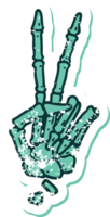 iconic distressed sticker tattoo style image of a skeleton giving a peace sign png