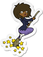 sticker of a cartoon witch riding broomstick png