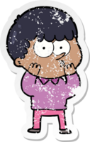 distressed sticker of a cartoon curious boy png