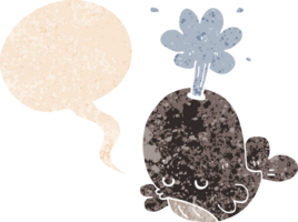 dessin animé jaillissant baleine avec discours bulle dans grunge affligé rétro texturé style png