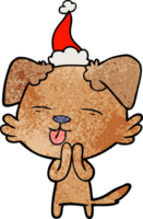 hand drawn textured cartoon of a dog sticking out tongue wearing santa hat png