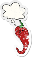 cartoon hot chili pepper with thought bubble as a distressed worn sticker png