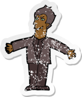 retro distressed sticker of a cartoon vampire man with open arms png