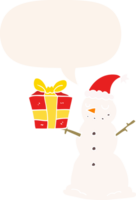cartoon snowman with present with speech bubble in retro style png