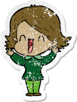 distressed sticker of a cartoon happy woman png