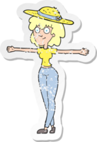 retro distressed sticker of a cartoon woman spreading arms png