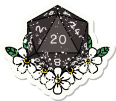 grunge sticker of a natural 20 D20 dice roll with floral elements png