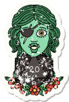 grunge sticker of a half orc rogue with natural 20 dice roll png