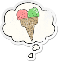 cartoon ice cream with thought bubble as a distressed worn sticker png