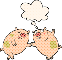 cartoon pigs dancing with thought bubble in comic book style png