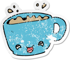 distressed sticker of a cartoon cup of coffee png